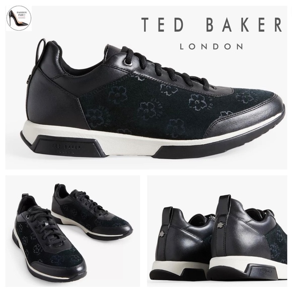 Ted Baker Aylaa Black Leather Floral Trainers Magnolia-Print Fashion Sneakers 7 - Picture 2 of 12